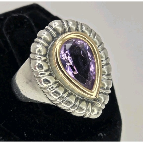 Vintage Teardrop Amethyst Sterling Silver 14k Gold Sz 7 Ring Statement